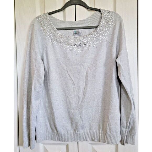 Chico's 2 Sweater Silver‎ Pullover Lightweight Metallic Beaded Stretch Long Slv - Picture 1 of 6